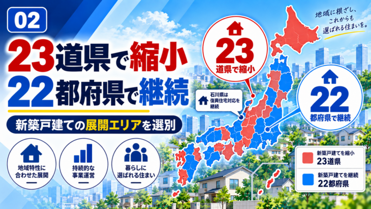 大和ハウスが新築戸建てを縮小する23道県と継続する地域を示すイメージ