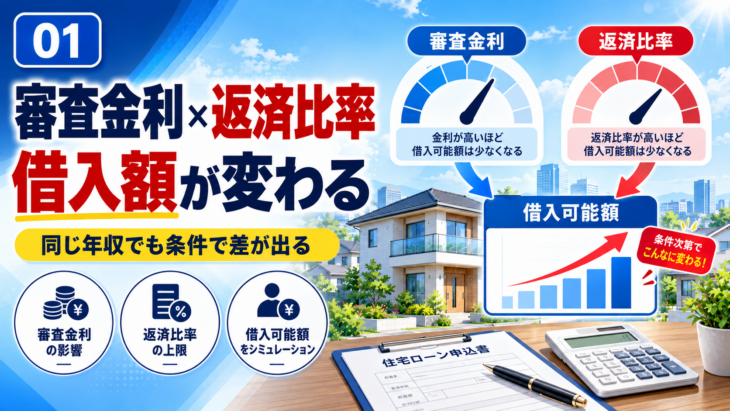 住宅ローンの審査金利と返済比率を解説するイメージ