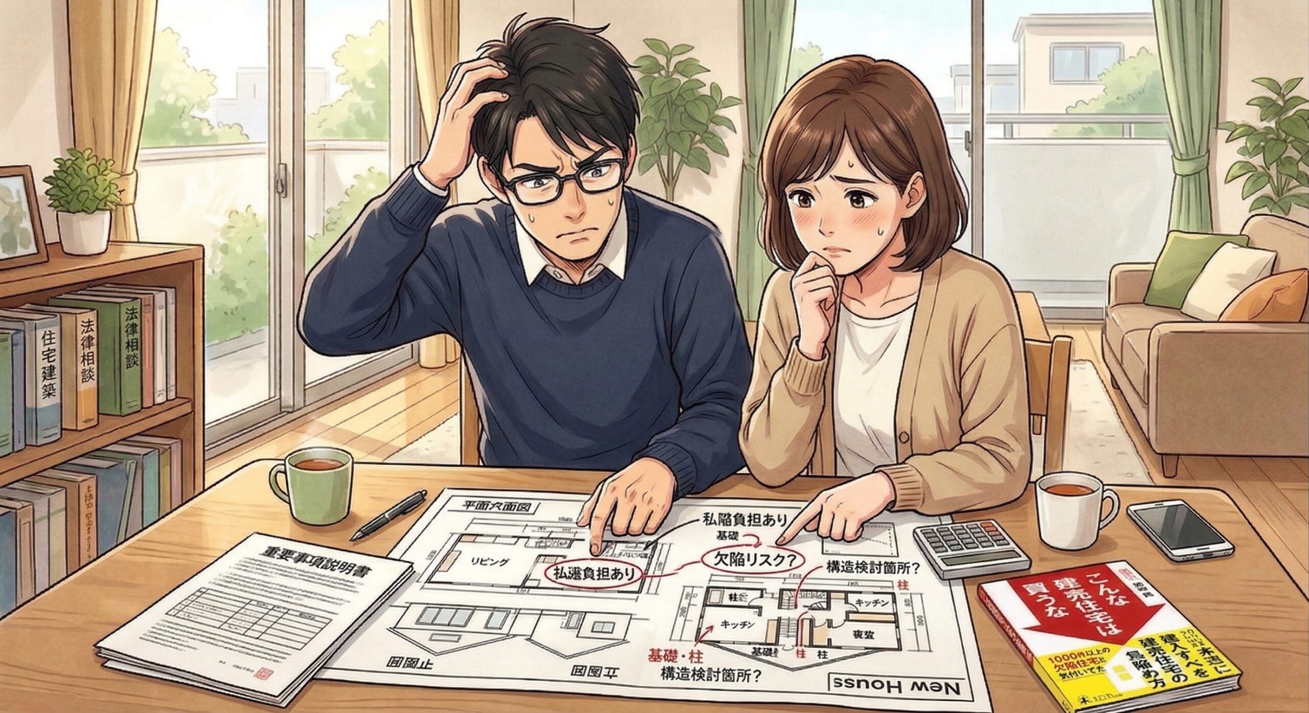新築一戸建ての図面を見ながら、欠陥住宅や見えない法的リスクに不安を抱える夫婦の様子