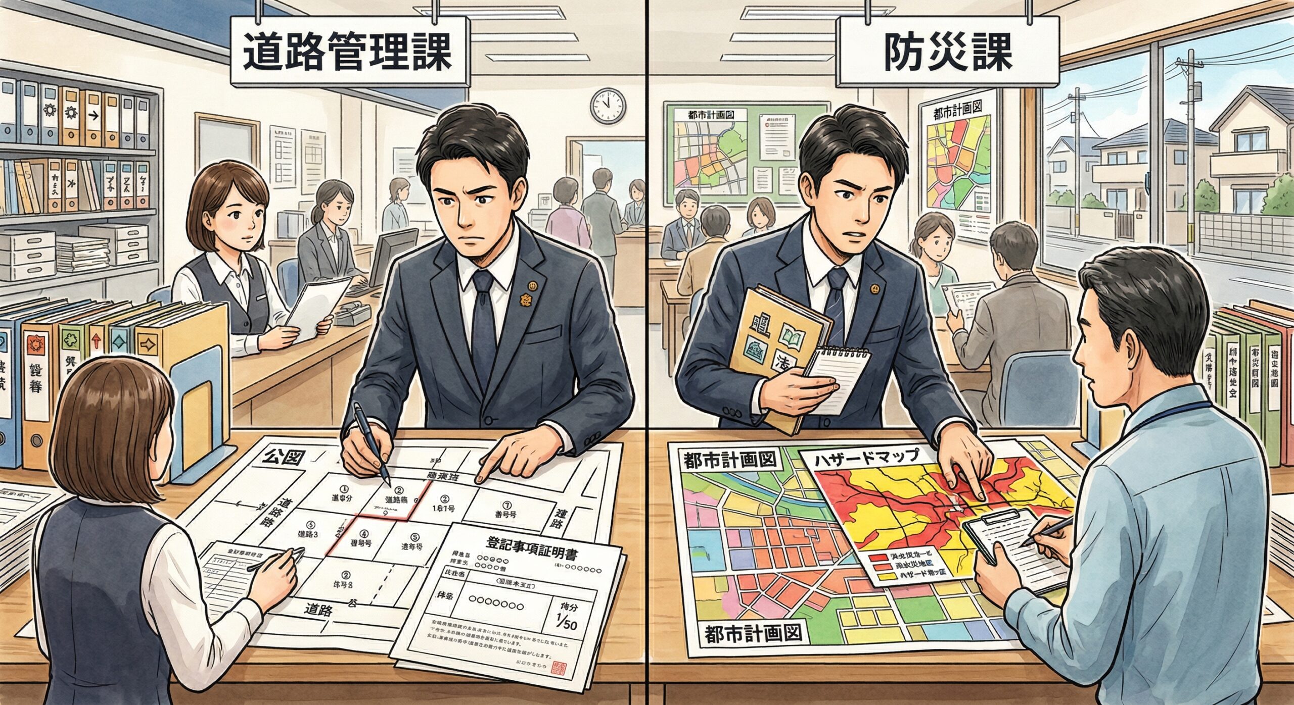 役所や法務局に出向き、都市計画、ハザードマップ、道路の持分など、不動産の権利関係や法的リスクを調査する宅建士の様子