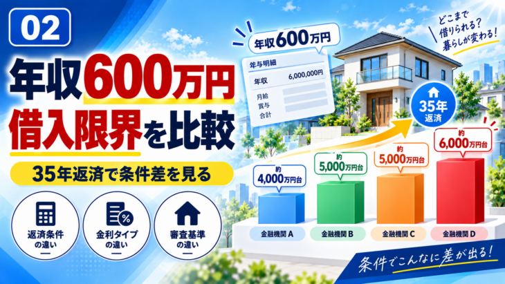 年収600万円で住宅ローンの借入可能額を比較するイメージ