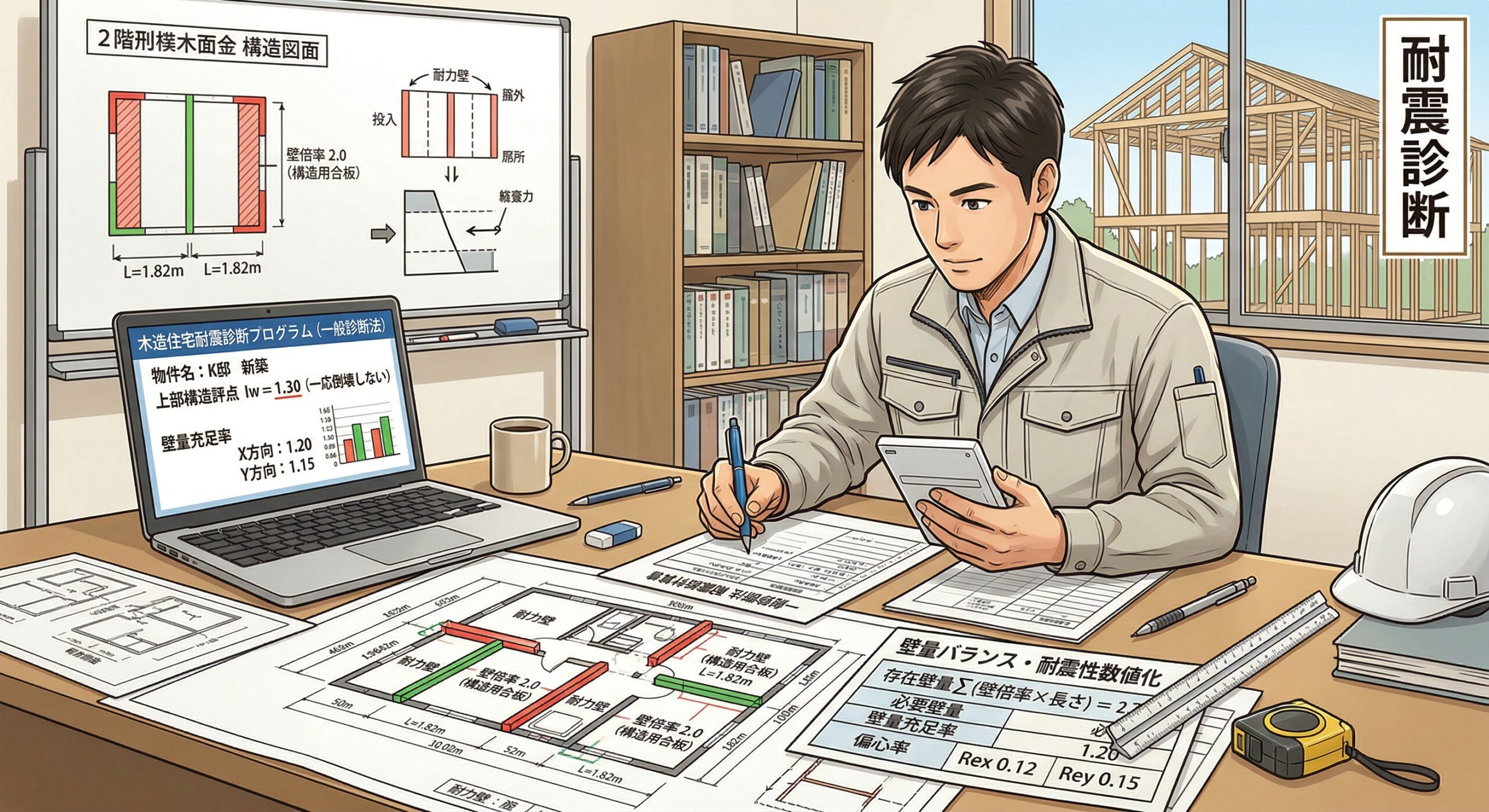 図面をもとに一般診断法を用いて、耐力壁の壁量バランスや新築住宅の耐震性を数値化して確認しているイメージ