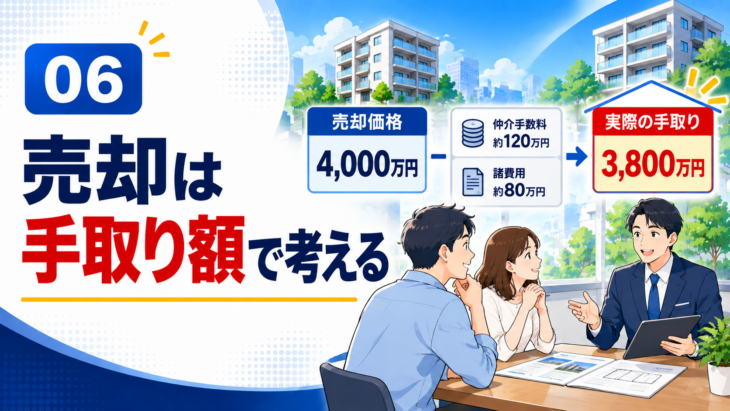 マンション売却時の仲介手数料と手取り額を比較するイメージ
