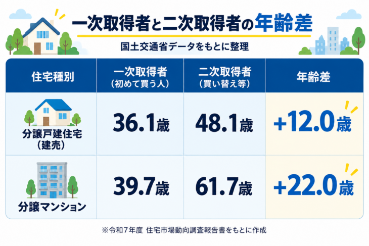 一次取得者と二次取得者の年齢差表