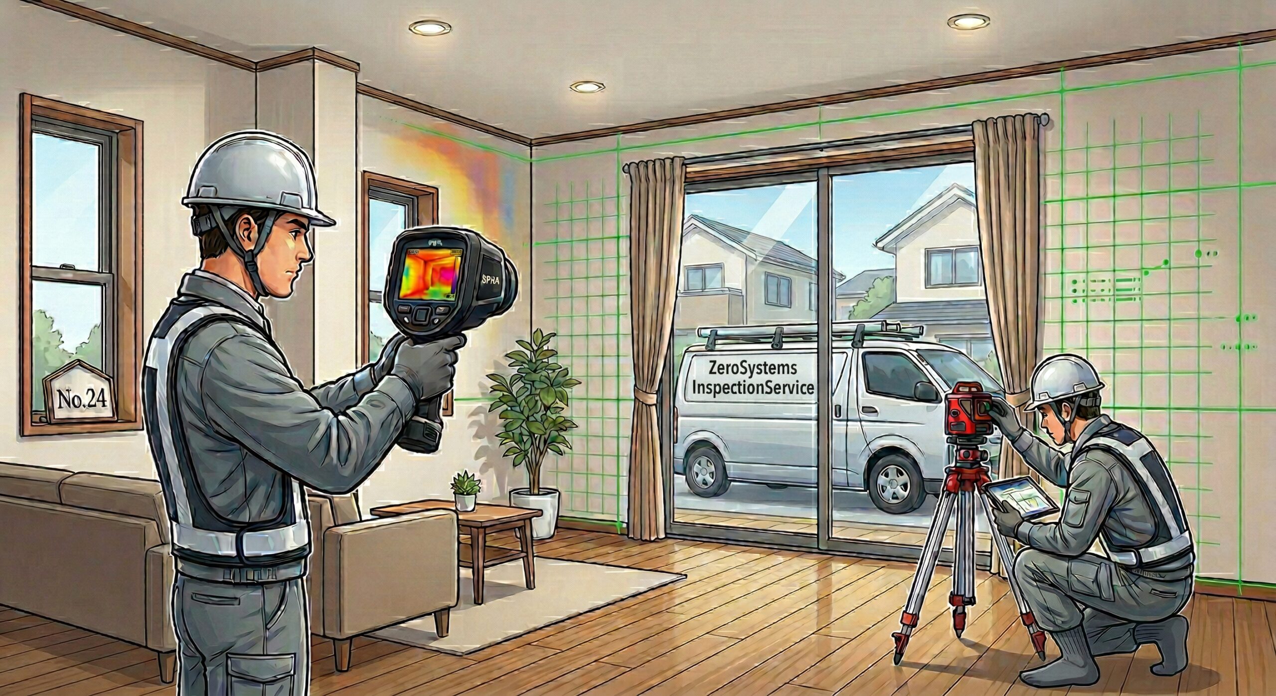 赤外線サーモグラフィーや赤外線レーザーレベラーなどの最新機材を用いて、新築一戸建ての断熱材や傾きを非破壊検査する風景