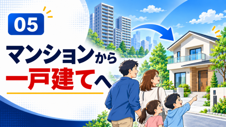 都心マンションから郊外の一戸建てへ住み替えるイメージ