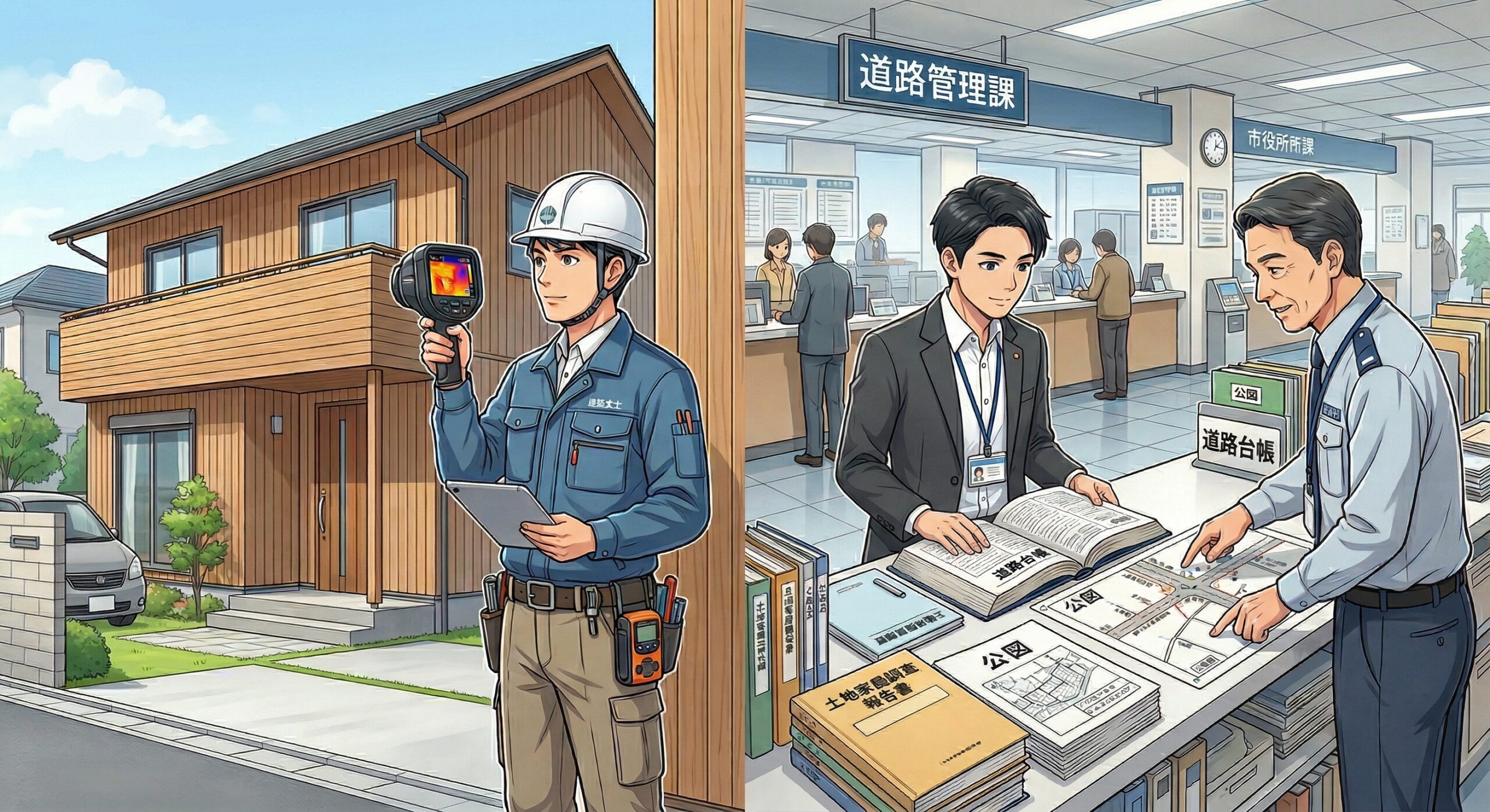 新築一戸建ての購入前に住宅診断・物件調査を行う建築士と宅建士のイメージ