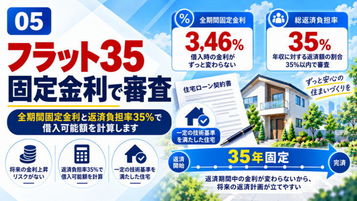 フラット35の固定金利と総返済負担率を解説するイメージ
