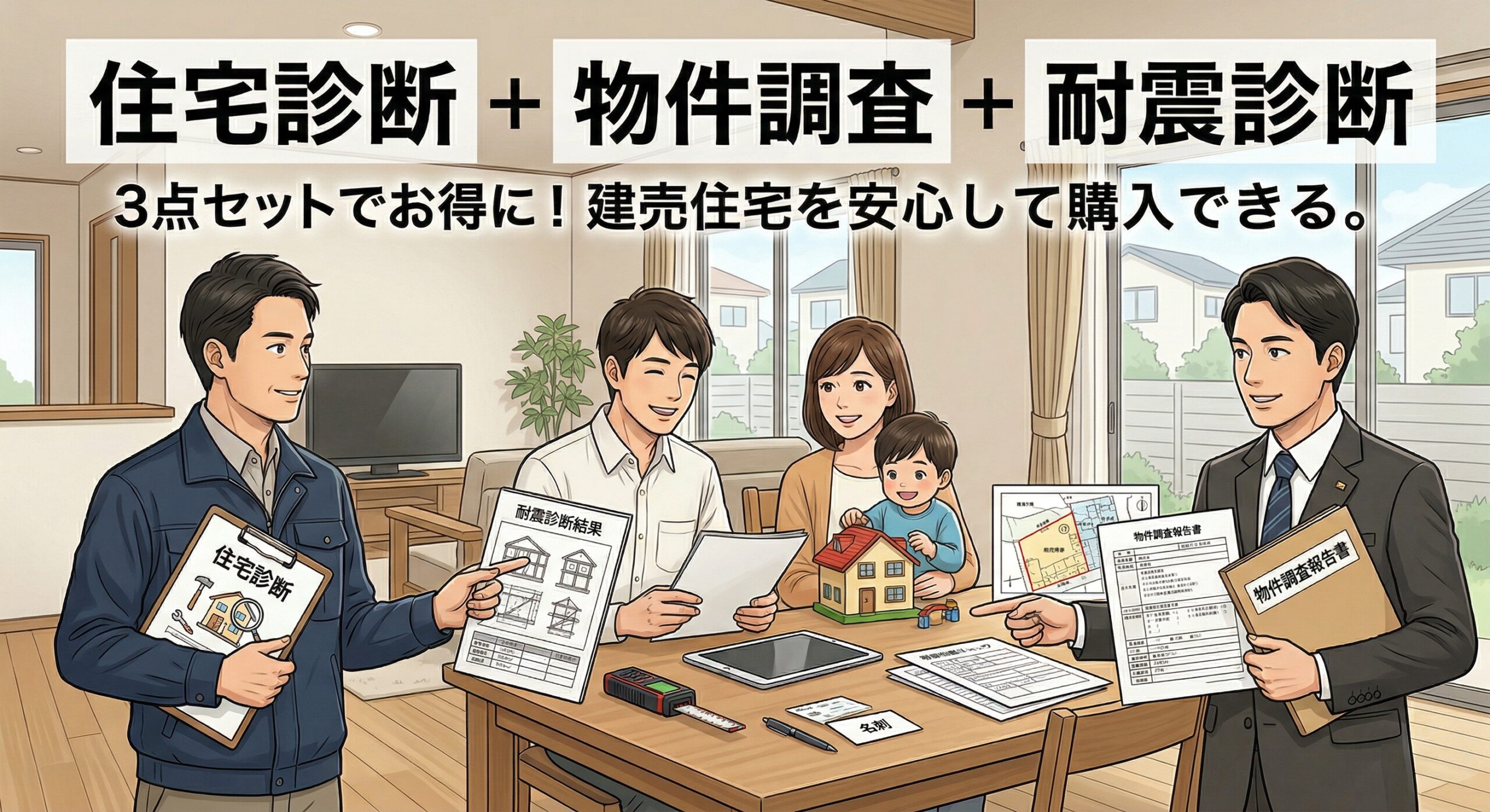 住宅診断、物件調査、耐震診断の3つのサービスがセットになって割引価格が適用されるお得なパッケージのイメージ