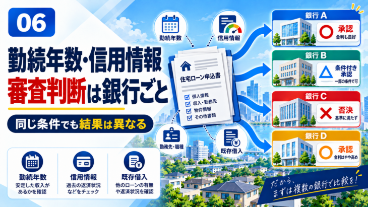 住宅ローン審査で勤続年数と信用情報を確認するイメージ